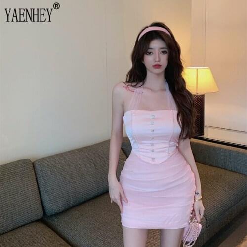 Sexy Lace Up Dresses for Women Halter Sleeveless High Waist Folds Slim Mini Vestidos Female Fashion Mesh Patchwork Robe