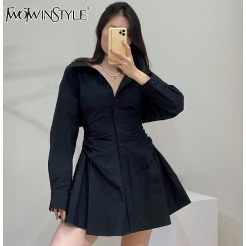 TWOTWINSTYLE White Ruched Shirt Dress For Women Lapel Long Sleeve High Waist Mini Dresses Female Fashion New Clothing 2021 Tide