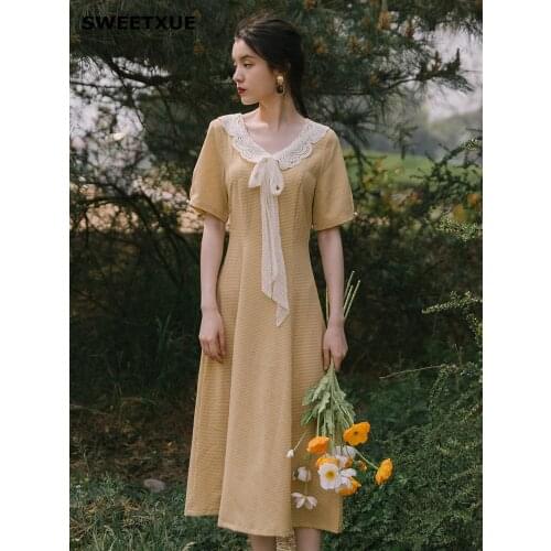 SWEETXUE French Dress Female Summer Lovely First Love Retro Temperament Light Yellow Plaid Lace Doll Collar Bow Dresses vestidos