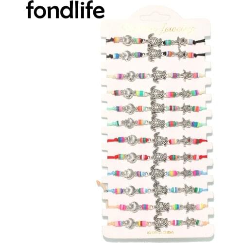 Boho Zinc Alloy SeaTurtle Shell Starfish Polymer Clay Heishi Beads String Adjustable Bracelet Women 12pcs Wholesale Jewelry Gift