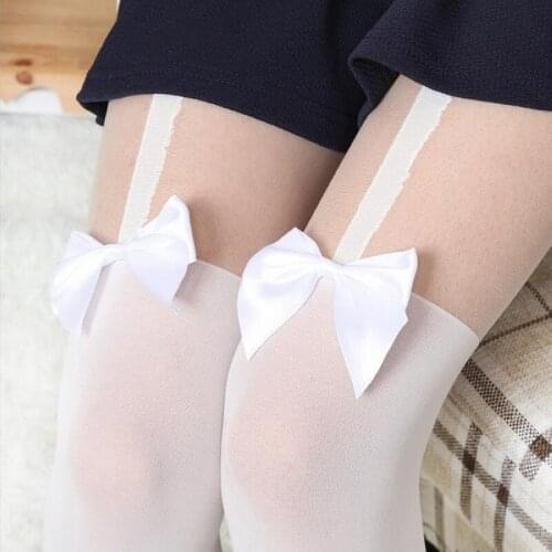 2020 Popular in Japan Girl Women Sexy velvet Tights fake High Stocking Pantyhose Mock Bow Suspender High Knee Tattoo Tights