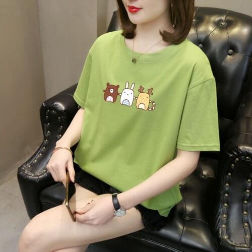 2021 Summer Soild T-shirt Cotton Plus Size Korean Womens Cartoon Short Sleeve T-shirt Girl Top Cute Pets Print Simple Design