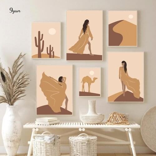 Abstract Desert Landscape Poster Girls Camel Cactus Moon Wall Art Prints Canvas Painting Minimalis Style Living Room Decoration