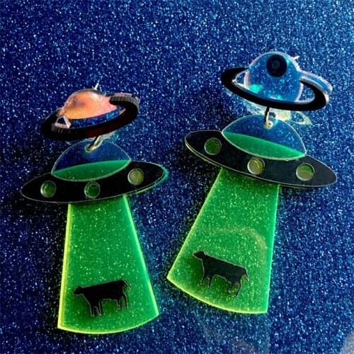 UFO Alien Abduction Cow Acrylic Laser Cut Dangle Earrings