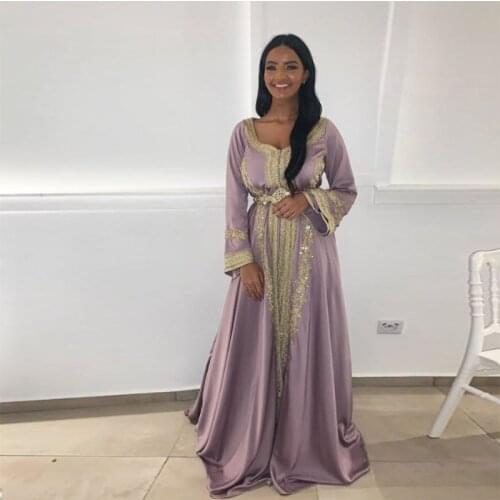 Lavender Moroccan Kaftan Evening Dresses Long Sleeves Shiny Sequin Prom Gowns Arabic Muslim Formal Special Occasion Gowns