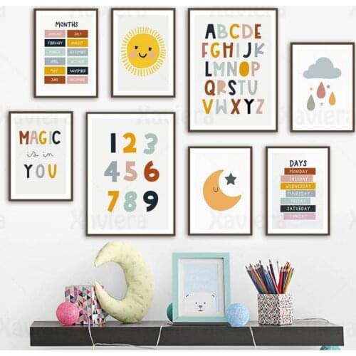 Nursery Decor Cartoon Wall Art Alphabet Number Week Months Form Sun Moon Canvas Painting Nordic Home Decor Posters And Prints