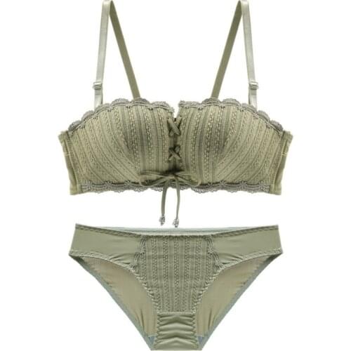 Women Lace Up Gathered Bras Set Female Lingerie Sexy Tube Top Suit Front Lace Up Bra Set