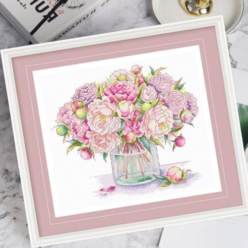 Hot sale Spain and France kits cross stitch printing kit flower pattern pink peony flower vase Send embroidery tools