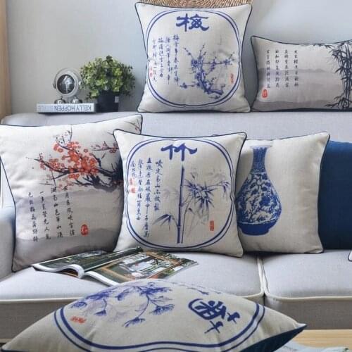 China Pine, Bamboo, Plum and Chrysanthemum Blue and White Porcelain Linen Throw Pillow Home Decor Sofa Back Cushion Pillow Case