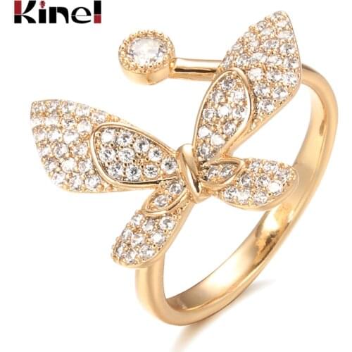Kinel New Fashion Jewelry Opening Butterfly Ring 585 Rose Gold Mosaic Natural Zircon Luxury Shiny Cocktail Party Ring for Women