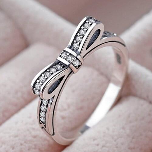Milangirl Fashion Ladies Womens Ring Ancient Silver Color Bowknot Inlaid Crystal Rhinestone Female Ring for Women Party Jewelry