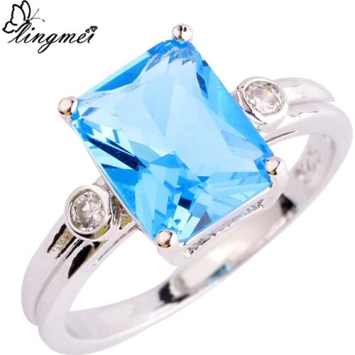 Lingmei Wholesale Uuisex Rectangle Blue White CZ Silver Color Ring Size 6-9 10 Fashion Simple Women Ring Jewelry