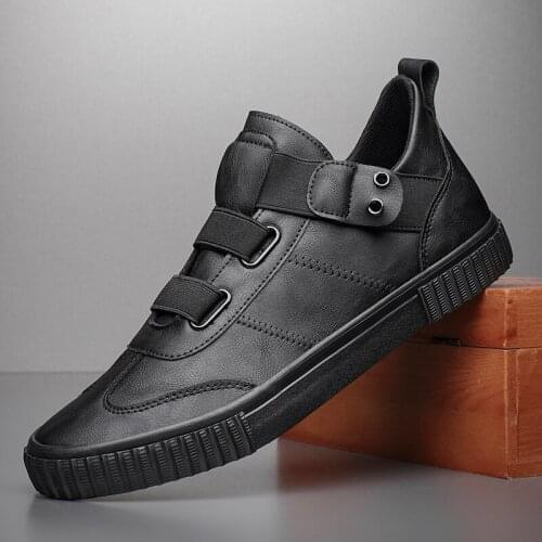 Breathable All-match Mens Casual Pu Leather Shoes Elastic Band Vulcanize Loafers Korean Fashion Flat-Bottomed Flats