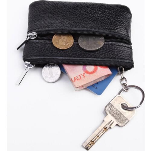 Unisex Genuine Leather Mini Purse Zipper Wallet Bussiness Credit Card Holder Key Ring Keychain Storage Pouch Coin Purses