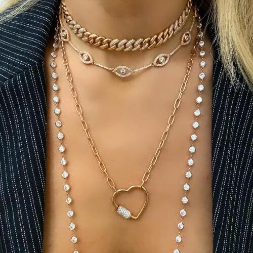 Lucky turkish evil eye fashion jewelry rose silvercolor micro pave 5A cz bar evil eye charm link choker necklace