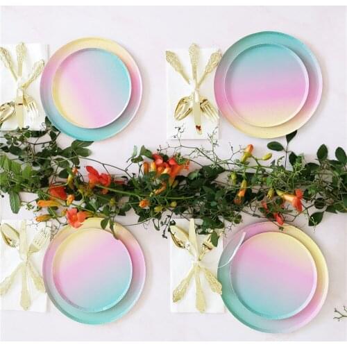 Birthday party disposable tableware set rainbow paper plate rainbow straw cup wedding birthday decoration party supplies
