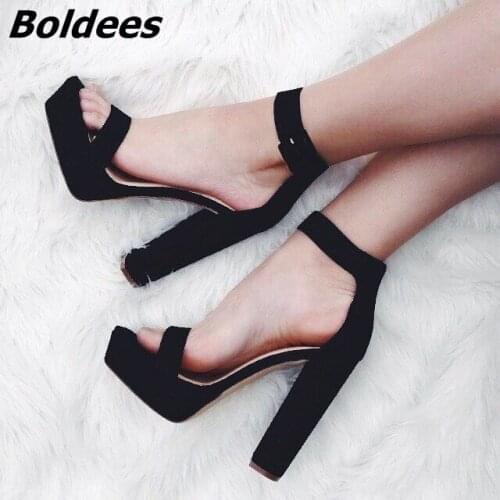 Popular Black Suede Buckle Design Platform Sandals Woman Black Open Toe Chunky Heeled Dress Shoes Concise Style Sandals