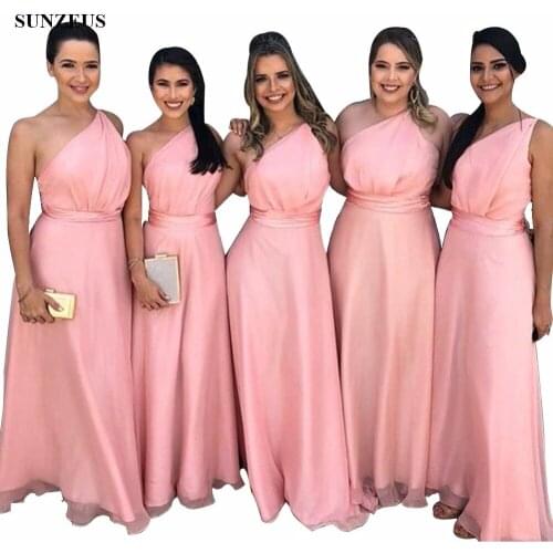 Pink Bridesmaids Dresses One Shoulder Long Chiffon Women Wedding Party Gowns Sisters Dress BDS058