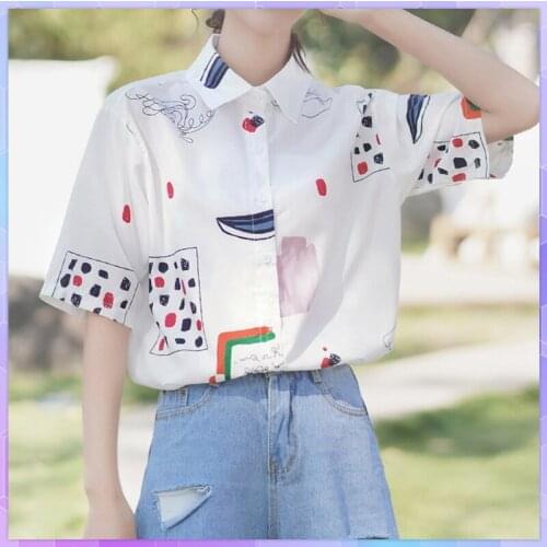 Print Chiffon T-shirt Casual Short Sleeve T-shirts Women Office Lady Tops Female Clothing Vintage Hong Kong Style Top Tunic