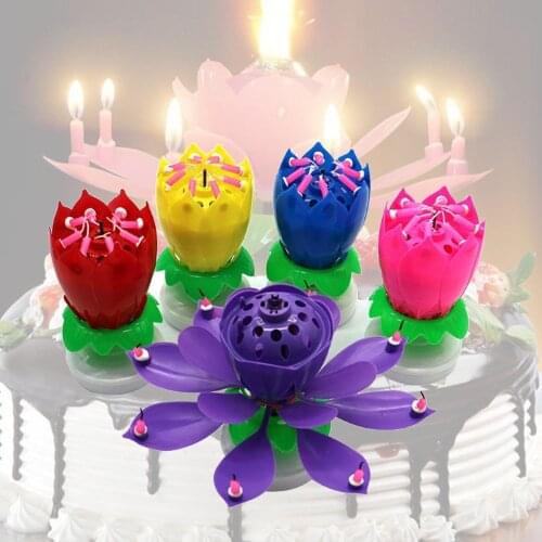 Spinning Music Lotus Candle Holder Birthday Cake Decor Creative Lotus Candlestick Happy Birthday Blessing Cake Decorative Light
