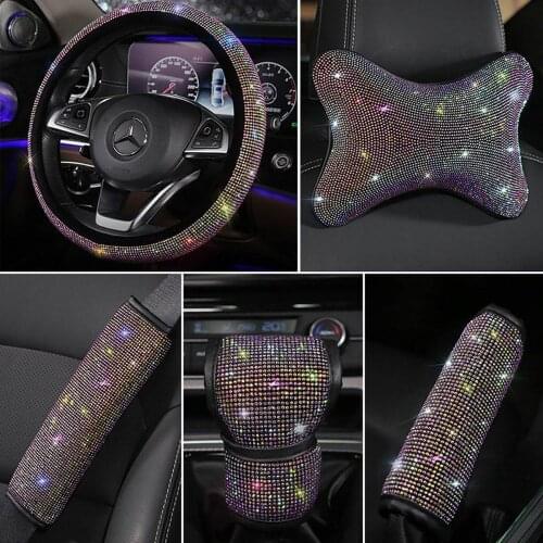 Universal Sparkle Luxury Bling Rhinestone Diamond Car Steering Wheel Covers Headrest Useful Auto Interior Decor Accessories