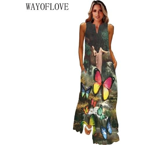 WAYOFLOVE Butterfly Printed Elegant Dress 2021 Beach Casual Plus Size Long Dresses Summer Woman Sleeveless Girl Maxi Dress Women