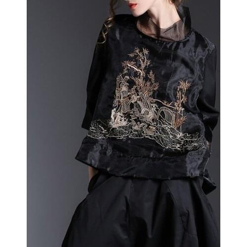 2020 Spring Casual Womens Female Stand Collar Loose Embroidered Organza Blouse Top Shirt , Fall Woman Black White Blouses