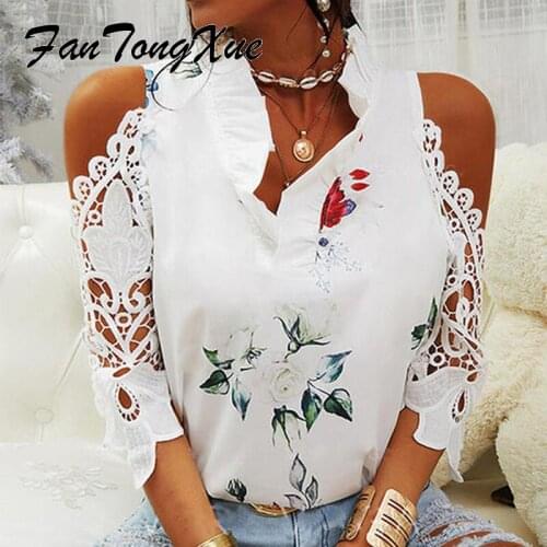 Shirts for Women 2021 Floral Print Lace Sleeve Fashion Tops Women Straight Half Sleeve V Neck Ruffled Ruched Office Lady Shirts