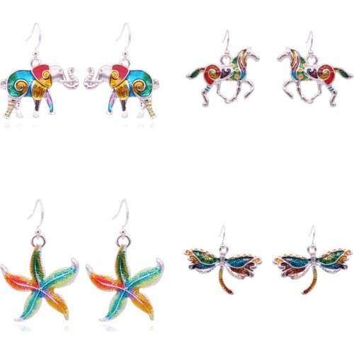 4 Styles Fashion Colorful Enamel Alloy Earrings For Women Cute Elephant Starfish Horse Dragonfly Shaped Earring Crafts 1 Pair