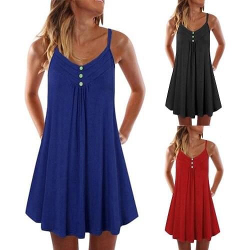 Women V Neck Sleeveless Button Pleated Large Hem Sundress Knee-length Dress