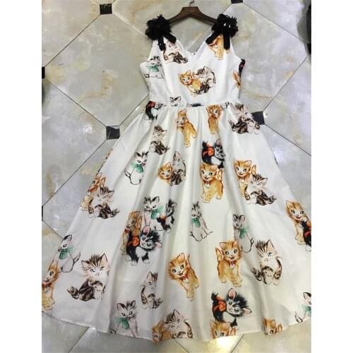 Women Cat Printe Sweet Long Dresses V-Neck Summer Diamonds Bow Beading Elegant Ball Gown Fashion SHow Dress