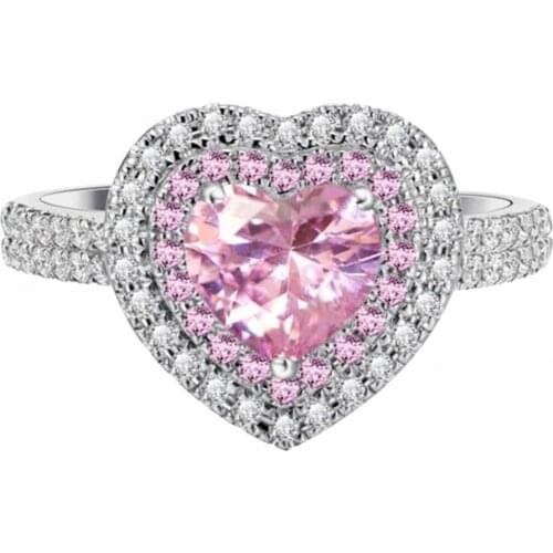 1PC Pink Love Ring Platinum Plated Female Heart-shaped Rhinestone Ring Zircon Full Diamond Ring Women Jewelry Accessories