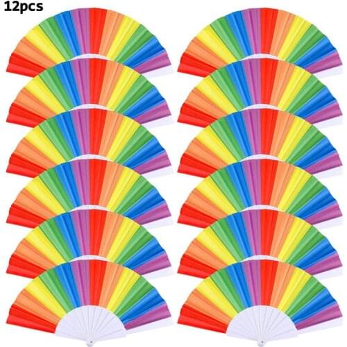 12PCS Plastic Lace Folding Fan Gay Rainbow Fabric Handheld Fans For Wedding Dancing Church Themed Parties Art Craft Decor