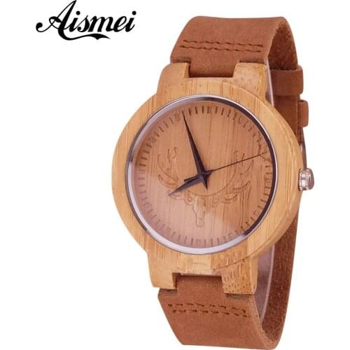 2018 Top brand Mens Women deer Bamboo Wooden Bamboo Watch Quartz Genuine Leather Strap Men Wood Watches as Gifts