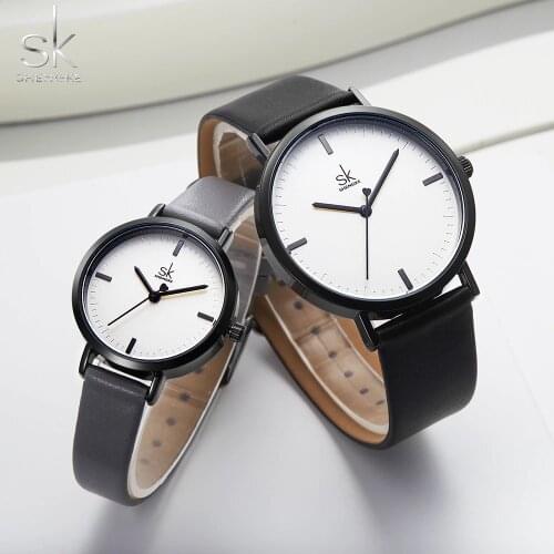 Shengke Lover Fashion Black Leather Strap Watch Men Women Wristwatch Couple Watches Gift Set Quartz Japanese Watch Montre Femme