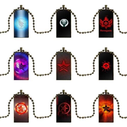 For Men Women Mass Effect Renegade Necklace With Bronze Plated Glass Cabochon Choker Long Pendant Rectangle Necklace