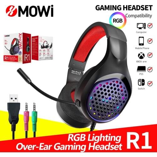 XMOWi R1 Gaming Headphones with Microphone PC Headset RGB Lighting Over Ear Headphones PS4 Headset Earphone For PC & Laptop
