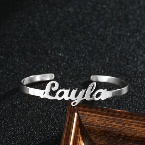 MumuXing Name Bracelet For Women Stainles Steel Custom Letter Opening Personality Bangle Baby Girls Jewelry Gold Color Bracelets