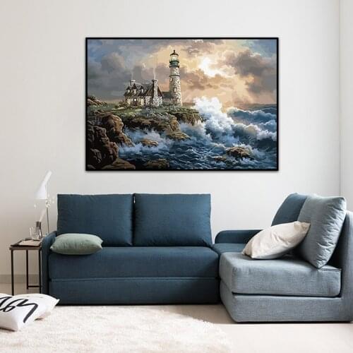 Seaside Lighthouse Painting on Canvas Abstract Landscape Wall Art Posters and Prints Wall Pictures for Living Room Home Decor
