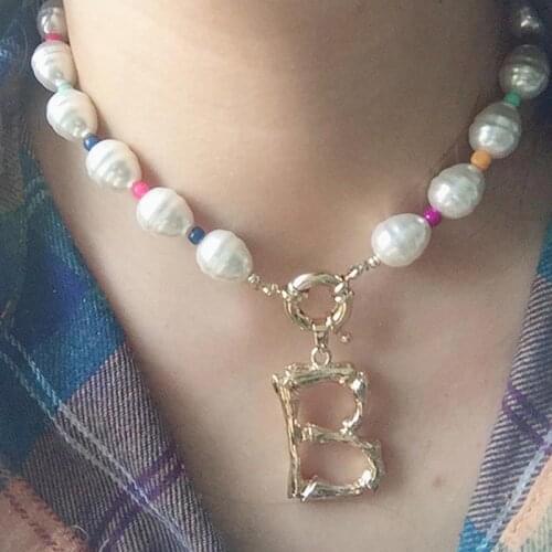 Genuine Pearl 26 Letters Choker A-z Custom English Letter Pendant Necklace Gold Color English Necklace Beaded Pearl Jewelry