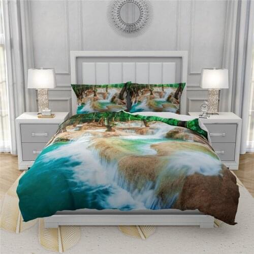 3D Forest Waterfall Queen King Duvet Cover Set Natural Landscape Printed Quilt Cover Pillowcase Bed Set Twin Full Size Bedding
