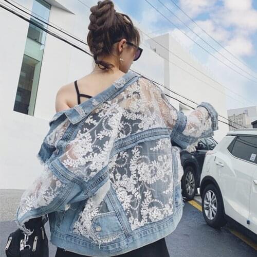 2021 New Summer Long Sleeve Large Size Jeans Jackets Womens Coat Loose Lace Stitching Perspective Top Jacket Ladies Denim Coat
