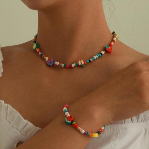Ctue Beads Necklace Bracelet Set Bohemian Beaded Choker With Rainbow Colors Bracelet Jewelry Accessories Party Jewelry Set