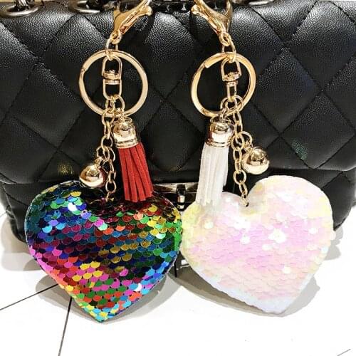 Cute Plush Keychain Kawaii Soft Keychain Shiny Heart-shaped Kpop Accessories Sequin Love Keychain Plush Toys Woman Bag Pendant