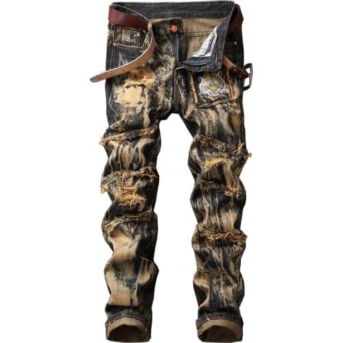 Gersri Men Vintage Jeans Fashion Beard Effect Jogger Yellow Distressed Denim Trousers Brand Embroidery Plus Size Jeans 29-42