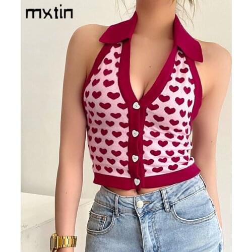 MXTIN 2021 Women Summer Vintage Love Print Cropped Knit Tank Tops Fashion Single Breasted Backless Female Camis Casual Chic Tops