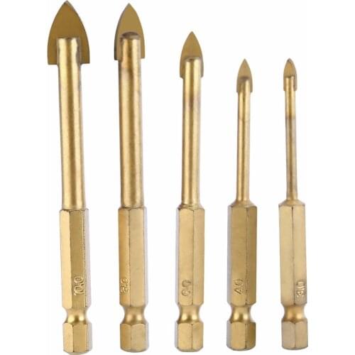 5Pcs/set Glass Drill Bits Set Titanium Coated Power Tools Accessories 1/4" Hex Shank 3/4/6/8/10mm Hex Shank Glass Hole Opener
