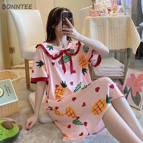 Nightgowns Women Short Sleeve Lovely Cartoon-printed Summer Student Sweet Knee-length Loose Comfortable Turn-down Collar Female