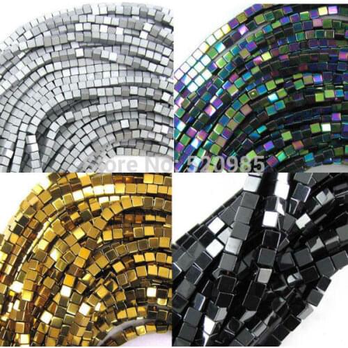 Wholesale Black/Gold/Rainbow/Silver Plated coated natural stone hematite cube square loose spacer beads 16" per strand 4mm