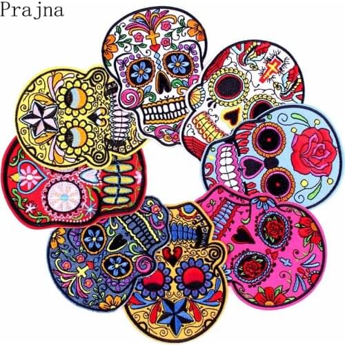 Prajna Rose Skull Patch Punk Rock Skeleton Cross Patch Iron On Biker Patches Cheap Embroidered Patches For Clothes Applique DIY